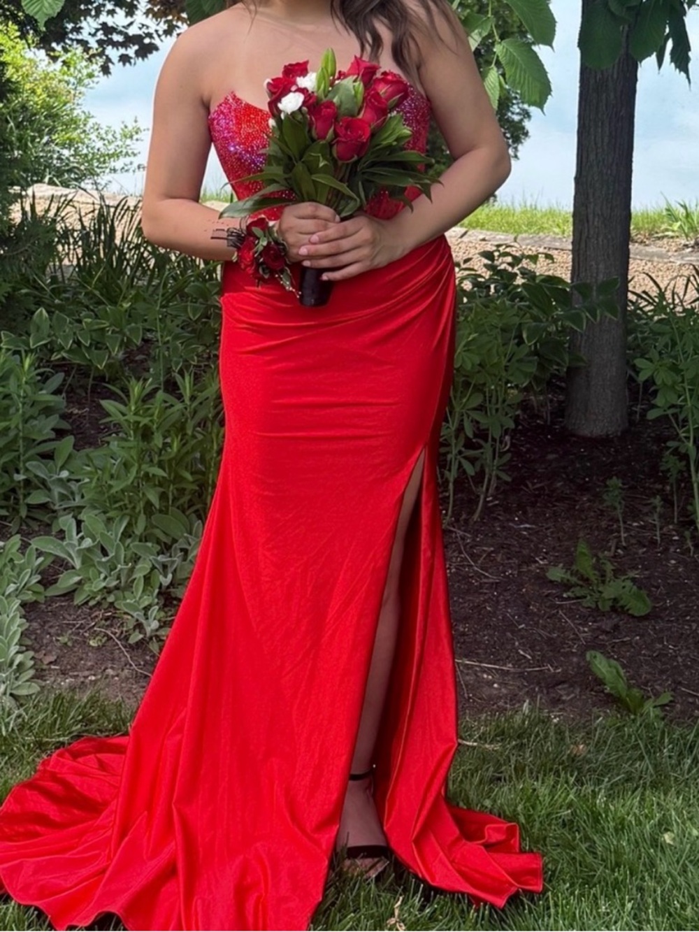 Strapless Red Evening Gown with Side Slit